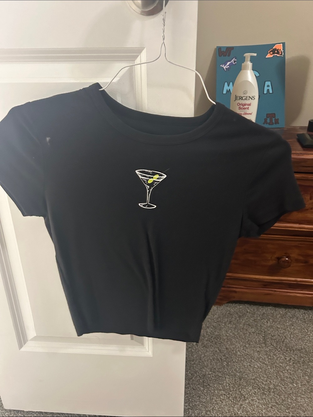 Black Cropped Tee with Martini Glass Embroidery